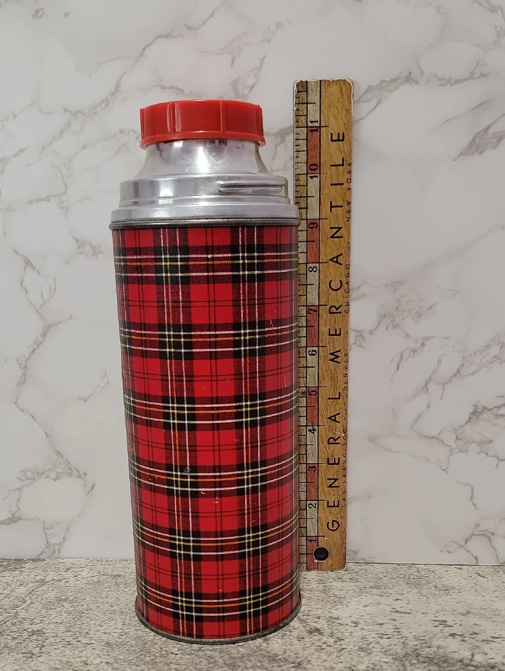 Vintage Aladdin Red Plaid Thermos Classic Full Size Retro Bottle